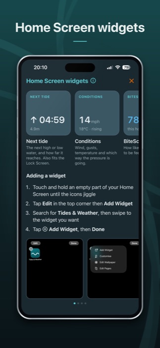 Widget della schermata Home con la prossima marea e i punteggi di oggi